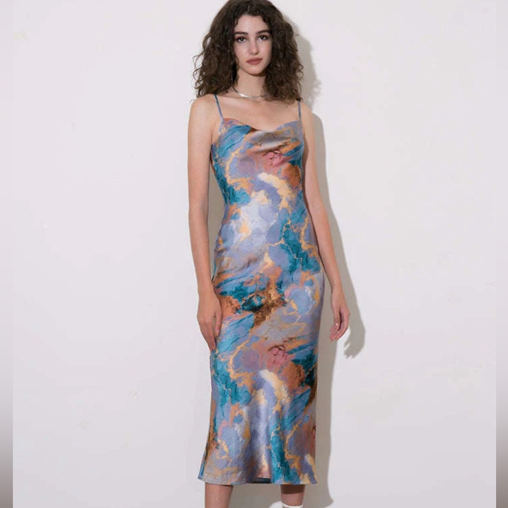 Backless Midi Slip Dress with Cowl Neck